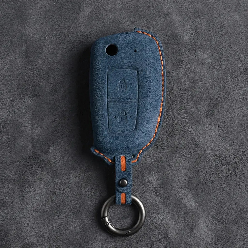 Nissan Hand-Stitched Alcantara Key Fob Cover – Modern 2-Button - Cobalt Blue
