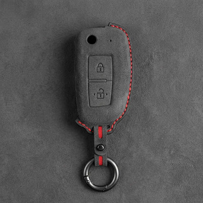 Nissan Hand-Stitched Alcantara Key Fob Cover – Modern 2-Button - Dark Charcoal
