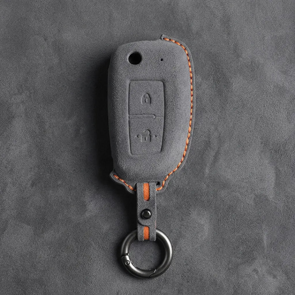 Nissan Hand-Stitched Alcantara Key Fob Cover – Modern 2-Button - Dark Gray
