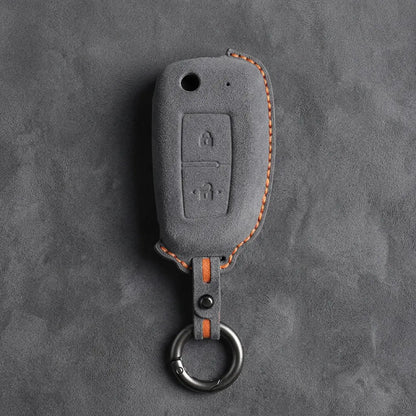 Nissan Hand-Stitched Alcantara Key Fob Cover – Modern 2-Button - Dark Gray