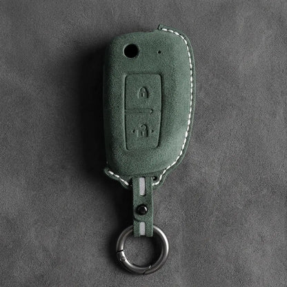 Nissan Hand-Stitched Alcantara Key Fob Cover – Modern 2-Button - Dark Green