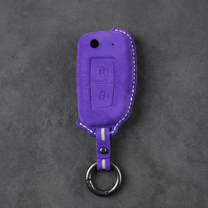 Nissan Hand-Stitched Alcantara Key Fob Cover – Modern 2-Button - Dark Purple