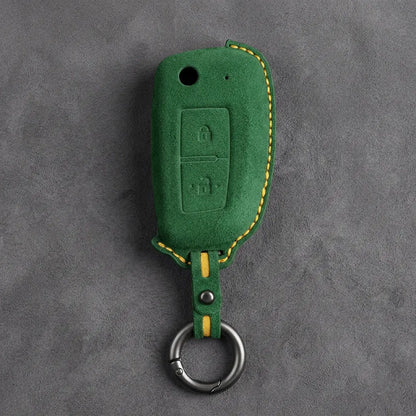 Nissan Hand-Stitched Alcantara Key Fob Cover – Modern 2-Button - Grass Green