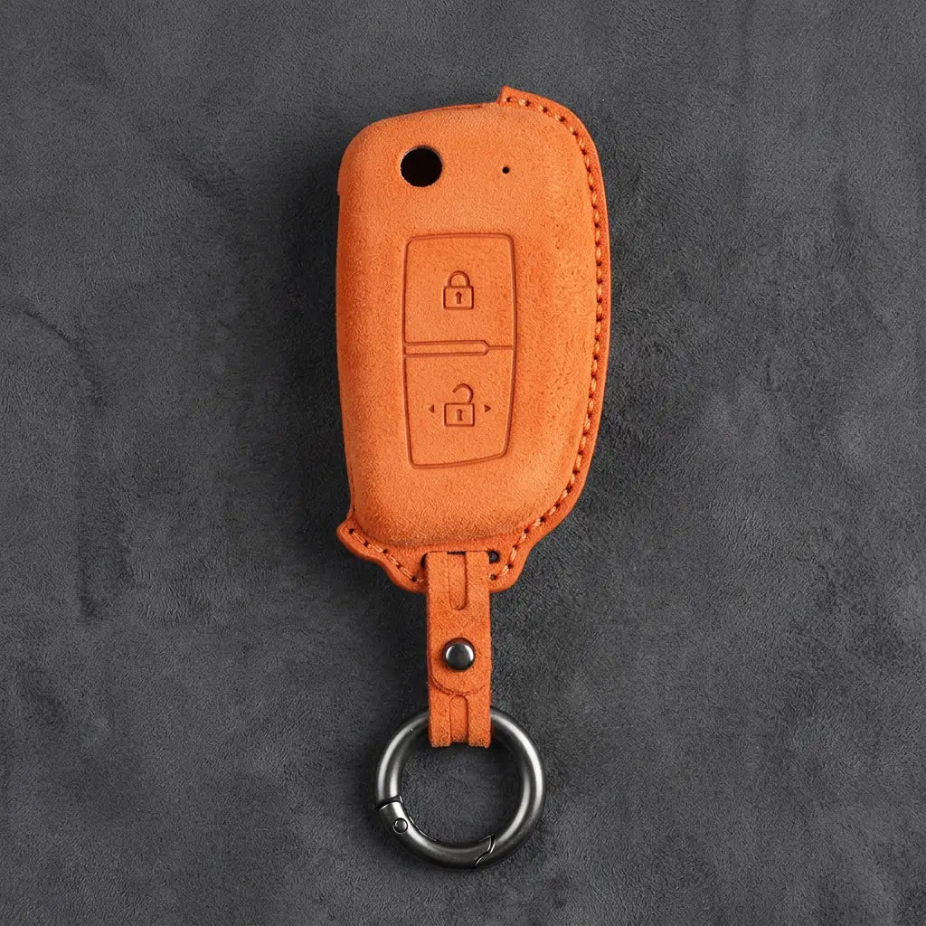 Nissan Hand-Stitched Alcantara Key Fob Cover – Modern 2-Button - Orange