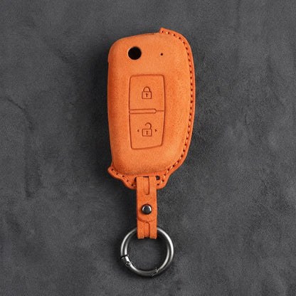 Nissan Hand-Stitched Alcantara Key Fob Cover – Modern 2-Button - Orange