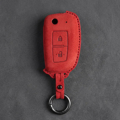 Nissan Hand-Stitched Alcantara Key Fob Cover – Modern 2-Button - Red