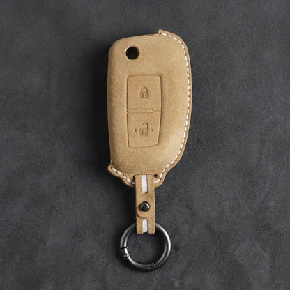 Nissan Hand-Stitched Alcantara Key Fob Cover – Modern 2-Button - Soft Brown