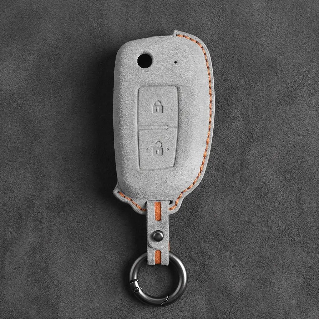 Nissan Hand-Stitched Alcantara Key Fob Cover – Modern 2-Button - White