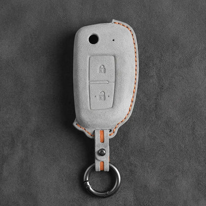 Nissan Hand-Stitched Alcantara Key Fob Cover – Modern 2-Button - White