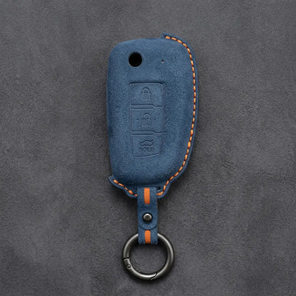 Nissan Hand-Stitched Alcantara Key Fob Cover – Modern 3-Button - Cobalt Blue