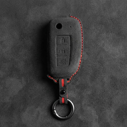Nissan Hand-Stitched Alcantara Key Fob Cover – Modern 3-Button - Dark Charcoal