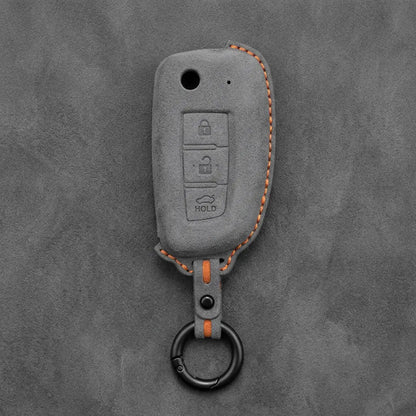 Nissan Hand-Stitched Alcantara Key Fob Cover – Modern 3-Button - Dark Gray