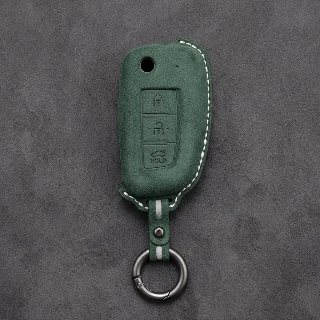 Nissan Hand-Stitched Alcantara Key Fob Cover – Modern 3-Button - Dark Green