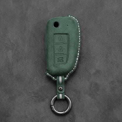 Nissan Hand-Stitched Alcantara Key Fob Cover – Modern 3-Button - Dark Green