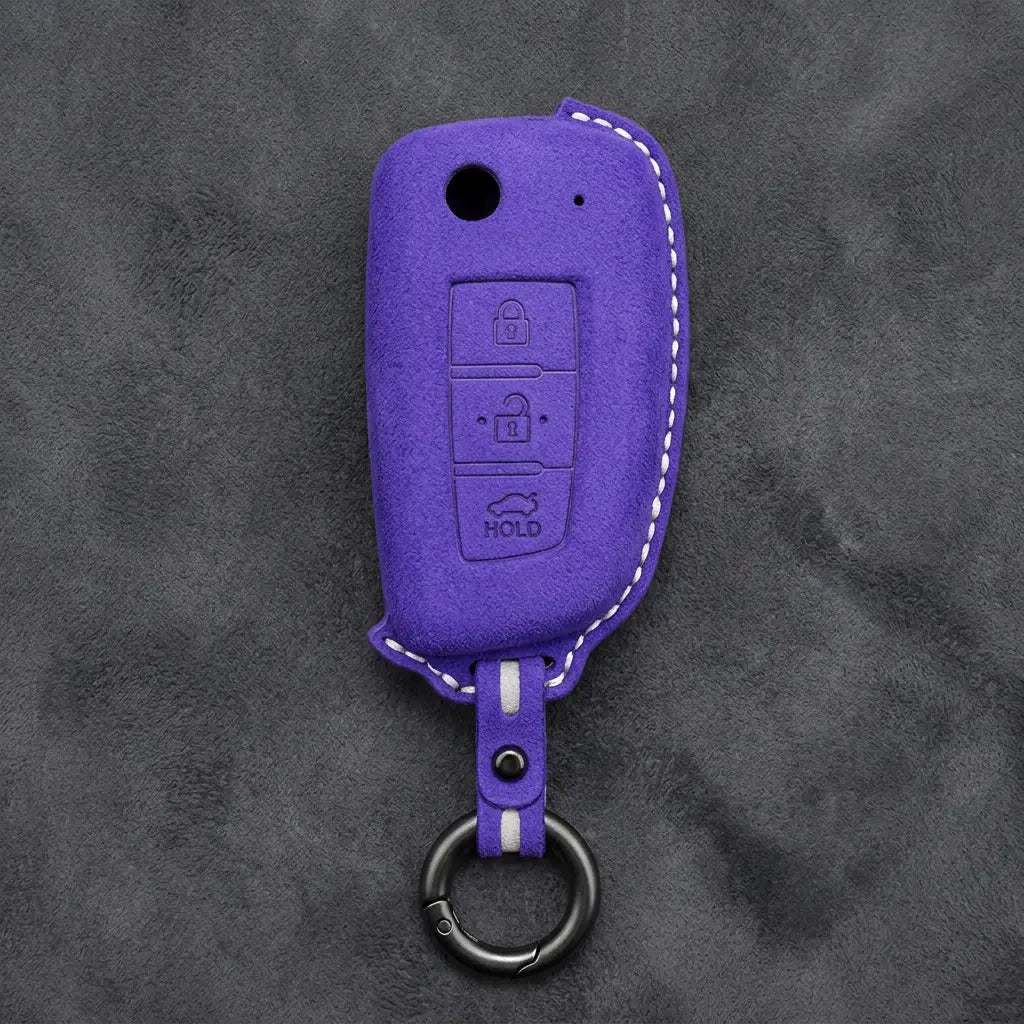 Nissan Hand-Stitched Alcantara Key Fob Cover – Modern 3-Button - Dark Purple