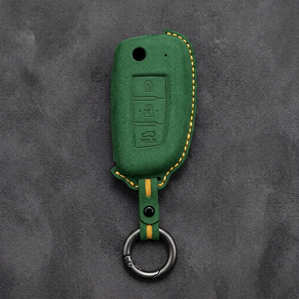 Nissan Hand-Stitched Alcantara Key Fob Cover – Modern 3-Button - Grass Green