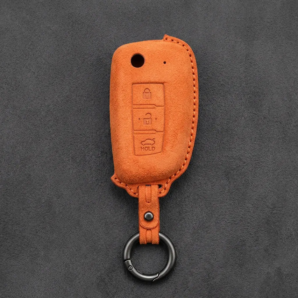 Nissan Hand-Stitched Alcantara Key Fob Cover – Modern 3-Button - Orange