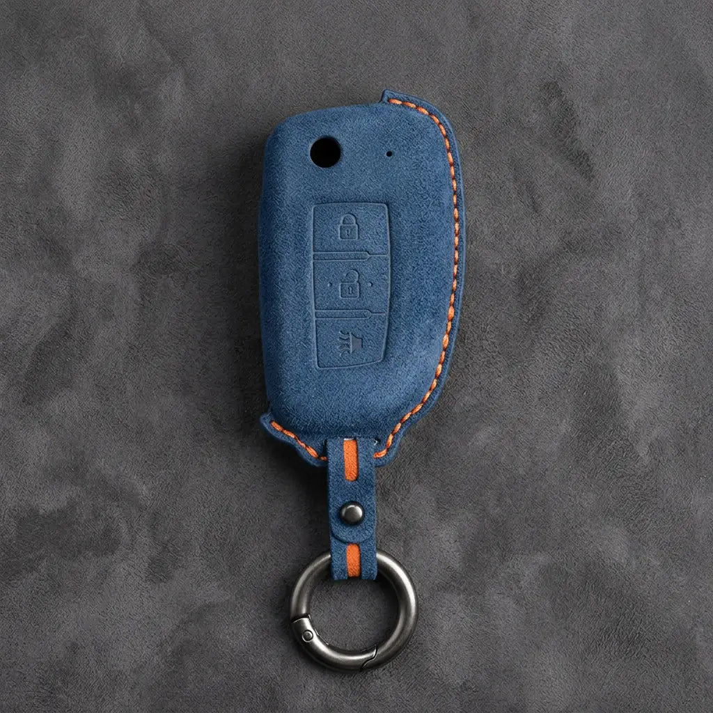 Nissan Hand-Stitched Alcantara Key Fob Cover – Modern 3-Button Panic - Cobalt Blue