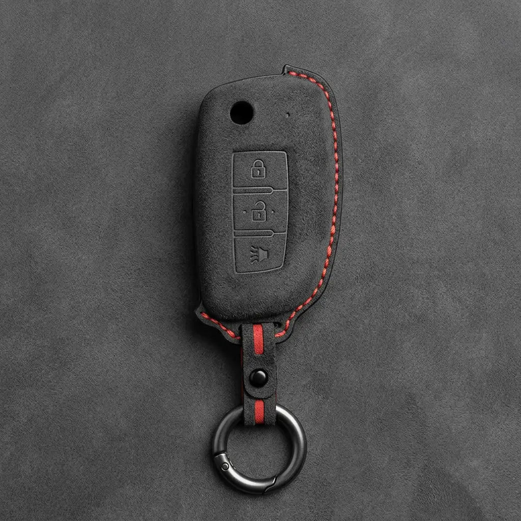 Nissan Hand-Stitched Alcantara Key Fob Cover – Modern 3-Button Panic - Dark Charcoal