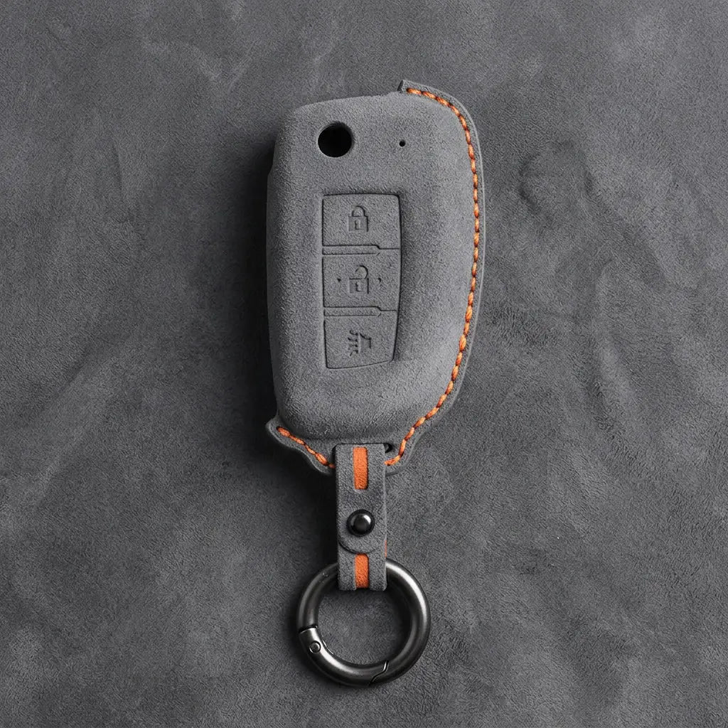 Nissan Hand-Stitched Alcantara Key Fob Cover – Modern 3-Button Panic - Dark Gray