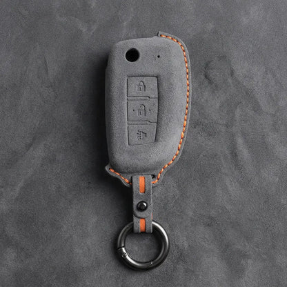 Nissan Hand-Stitched Alcantara Key Fob Cover – Modern 3-Button Panic - Dark Gray