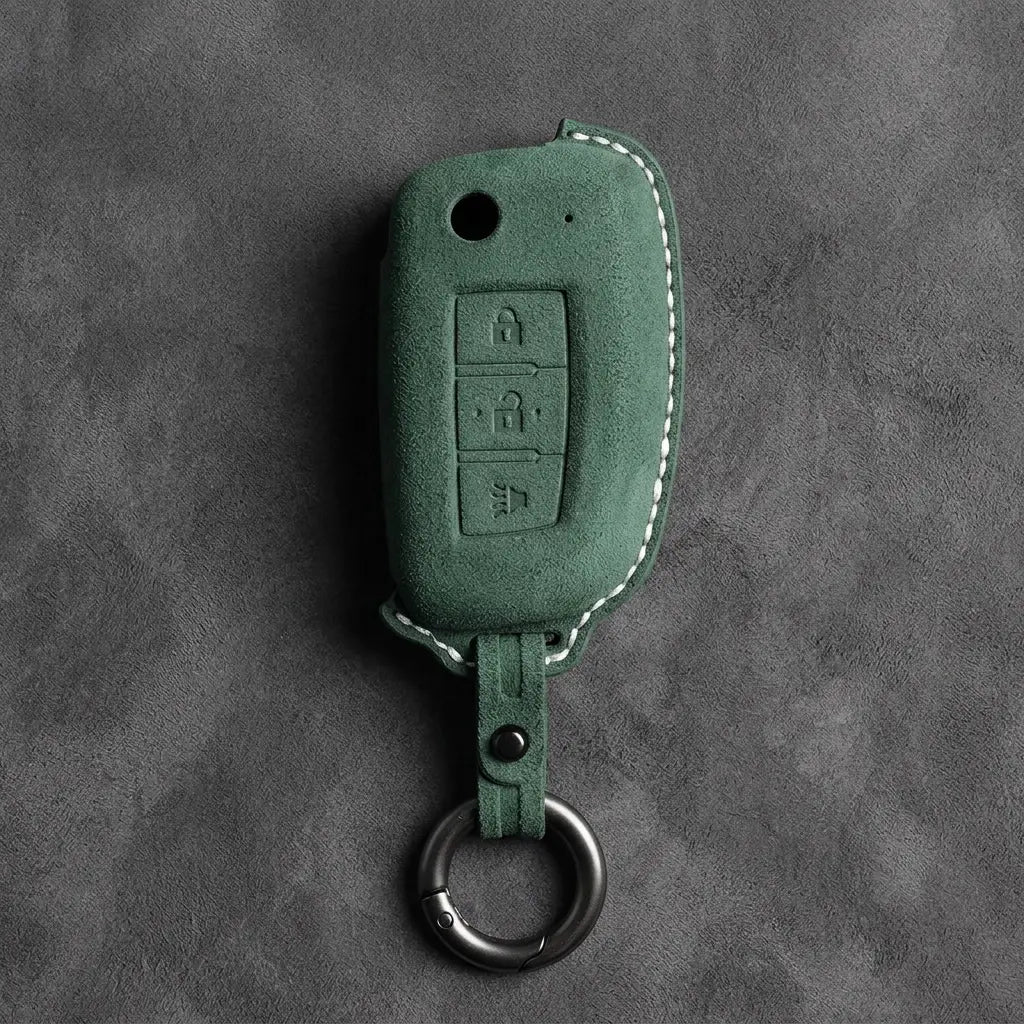 Nissan Hand-Stitched Alcantara Key Fob Cover – Modern 3-Button Panic - Dark Green