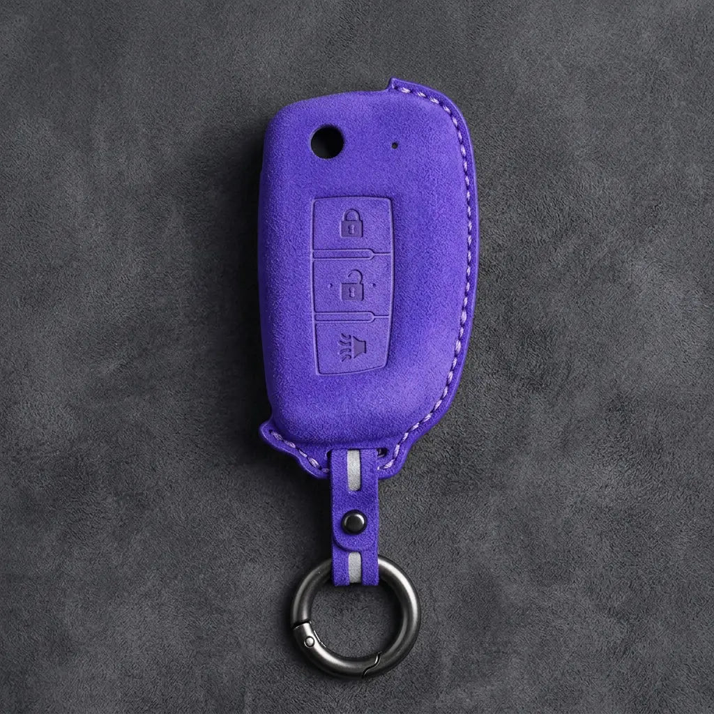 Nissan Hand-Stitched Alcantara Key Fob Cover – Modern 3-Button Panic - Dark Purple