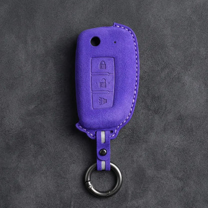 Nissan Hand-Stitched Alcantara Key Fob Cover – Modern 3-Button Panic - Dark Purple