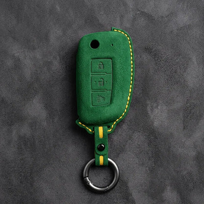 Nissan Hand-Stitched Alcantara Key Fob Cover – Modern 3-Button Panic - Grass Green