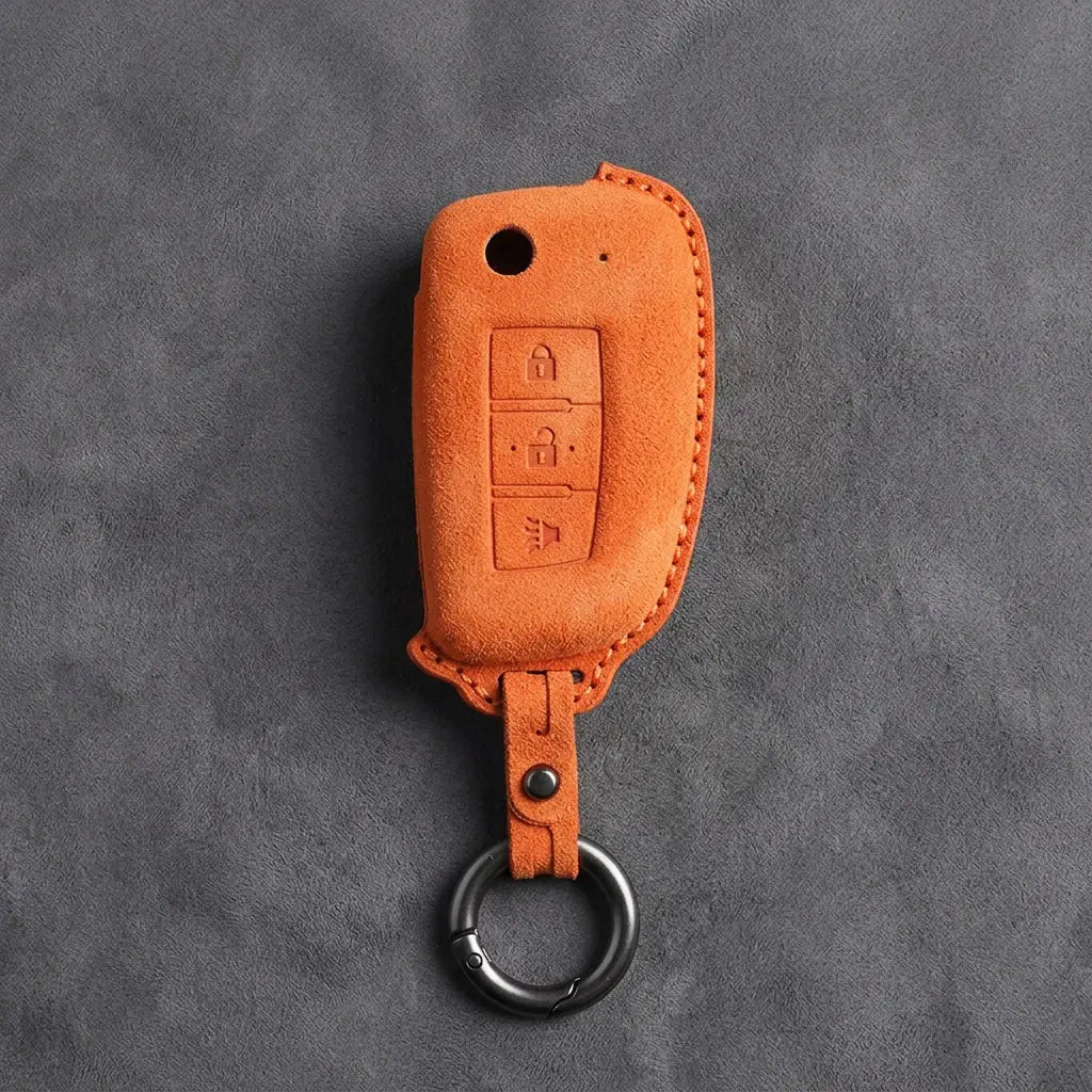 Nissan Hand-Stitched Alcantara Key Fob Cover – Modern 3-Button Panic - Orange
