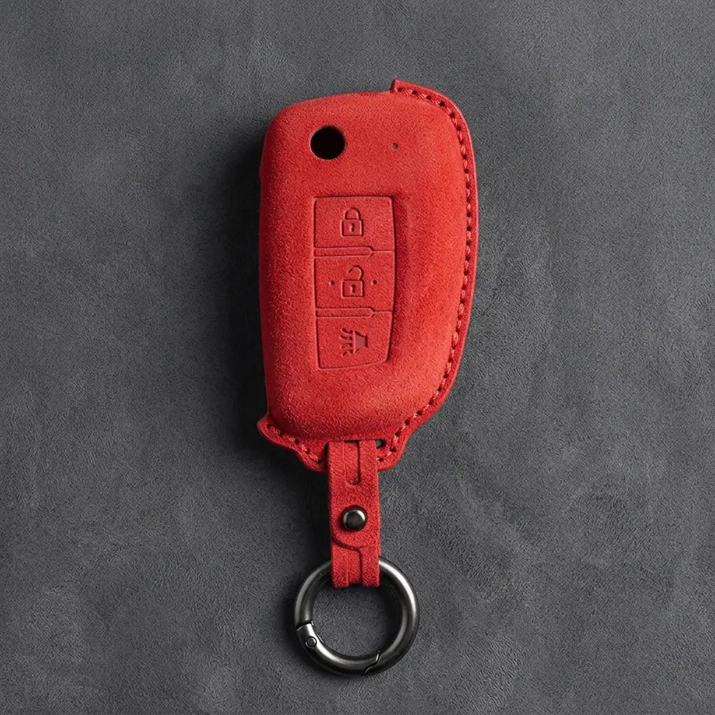Nissan Hand-Stitched Alcantara Key Fob Cover – Modern 3-Button Panic - Red