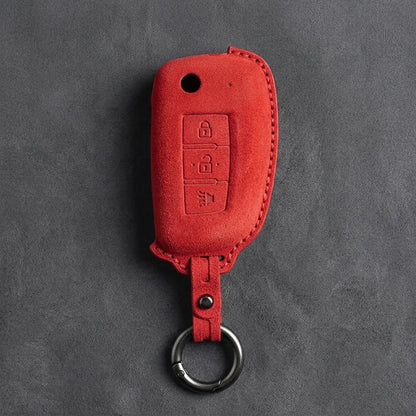 Nissan Hand-Stitched Alcantara Key Fob Cover – Modern 3-Button Panic - Red