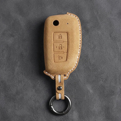 Nissan Hand-Stitched Alcantara Key Fob Cover – Modern 3-Button Panic - Soft Brown