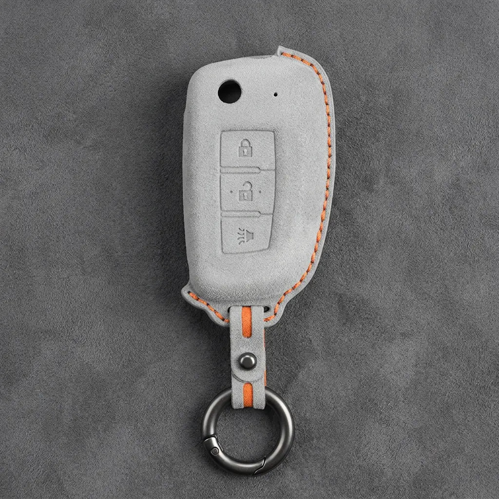Nissan Hand-Stitched Alcantara Key Fob Cover – Modern 3-Button Panic - White