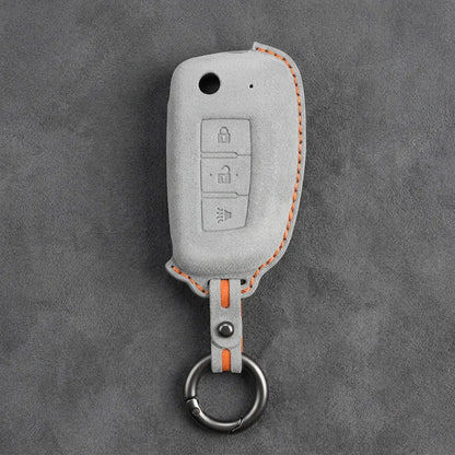 Nissan Hand-Stitched Alcantara Key Fob Cover – Modern 3-Button Panic - White