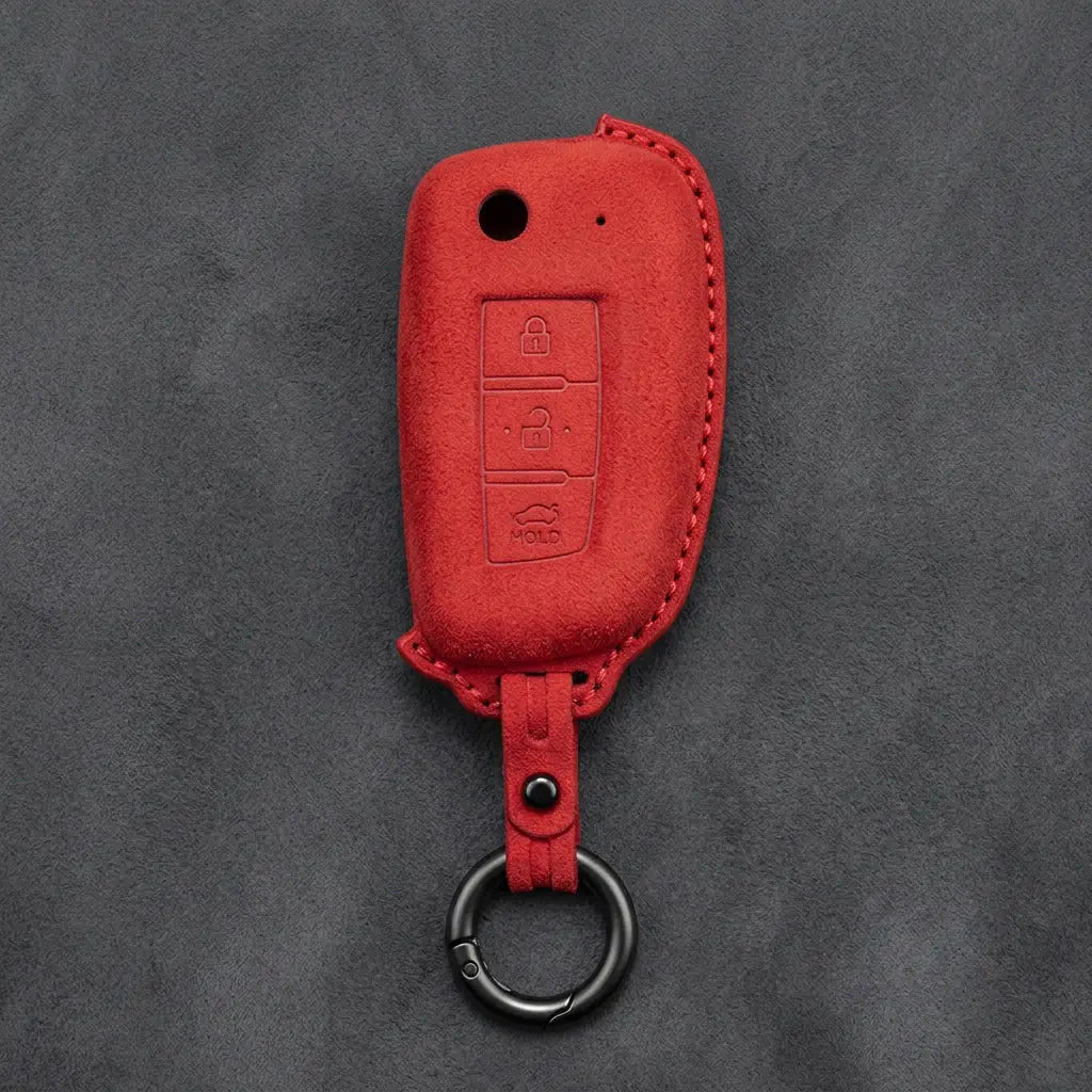 Nissan Hand-Stitched Alcantara Key Fob Cover – Modern 3-Button - Red
