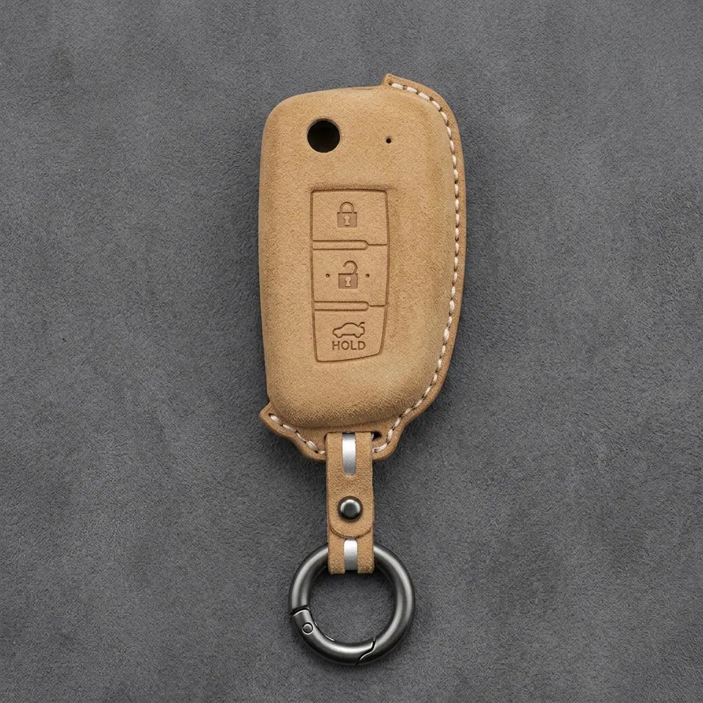 Nissan Hand-Stitched Alcantara Key Fob Cover – Modern 3-Button - Soft Brown