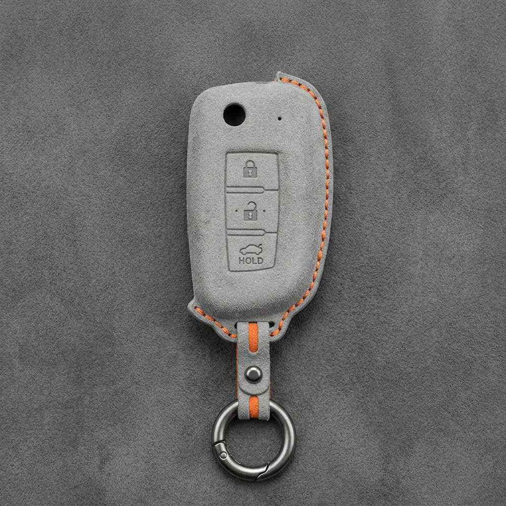 Nissan Hand-Stitched Alcantara Key Fob Cover – Modern 3-Button - White