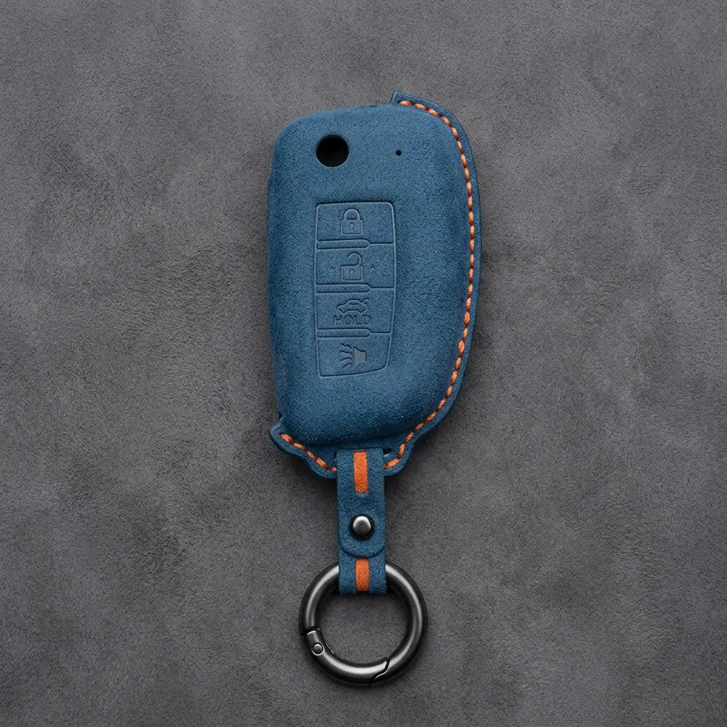 Nissan Hand-Stitched Alcantara Key Fob Cover – Modern 4-Button - Cobalt Blue