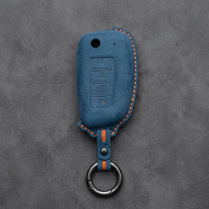 Nissan Hand-Stitched Alcantara Key Fob Cover – Modern 4-Button - Cobalt Blue