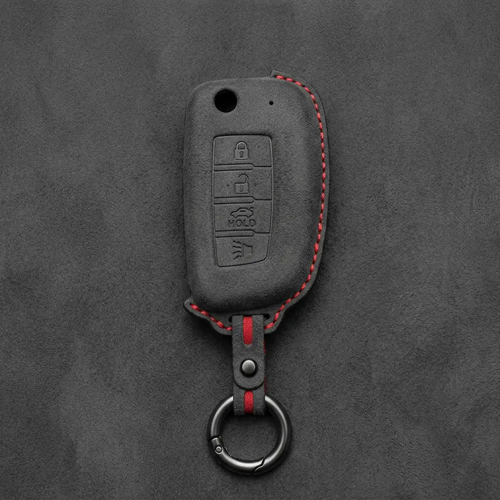 Nissan Hand-Stitched Alcantara Key Fob Cover – Modern 4-Button - Dark Charcoal
