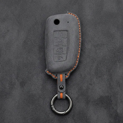 Nissan Hand-Stitched Alcantara Key Fob Cover – Modern 4-Button - Dark Gray