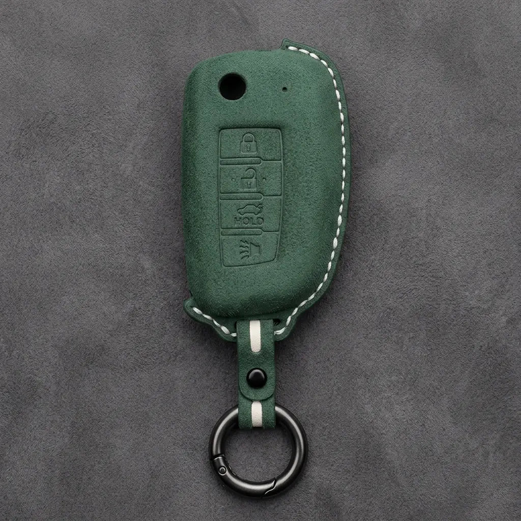 Nissan Hand-Stitched Alcantara Key Fob Cover – Modern 4-Button - Dark Green