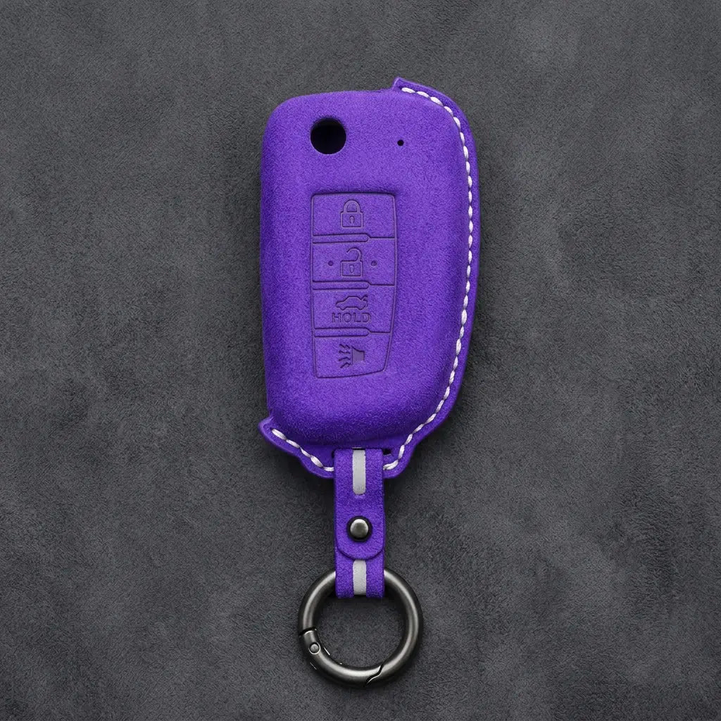 Nissan Hand-Stitched Alcantara Key Fob Cover – Modern 4-Button - Dark Purple