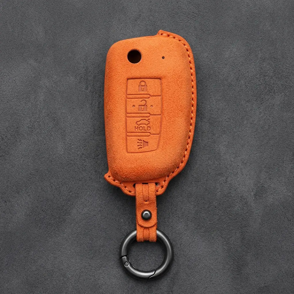 Nissan Hand-Stitched Alcantara Key Fob Cover – Modern 4-Button - Orange