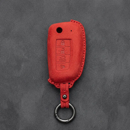 Nissan Hand-Stitched Alcantara Key Fob Cover – Modern 4-Button - Red