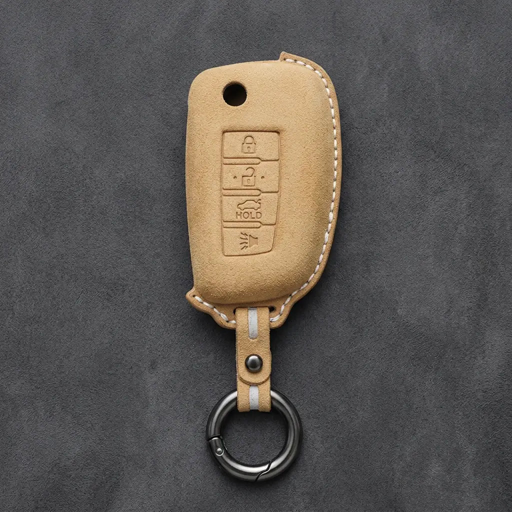 Nissan Hand-Stitched Alcantara Key Fob Cover – Modern 4-Button - Soft Brown