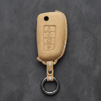 Nissan Hand-Stitched Alcantara Key Fob Cover – Modern 4-Button - Soft Brown