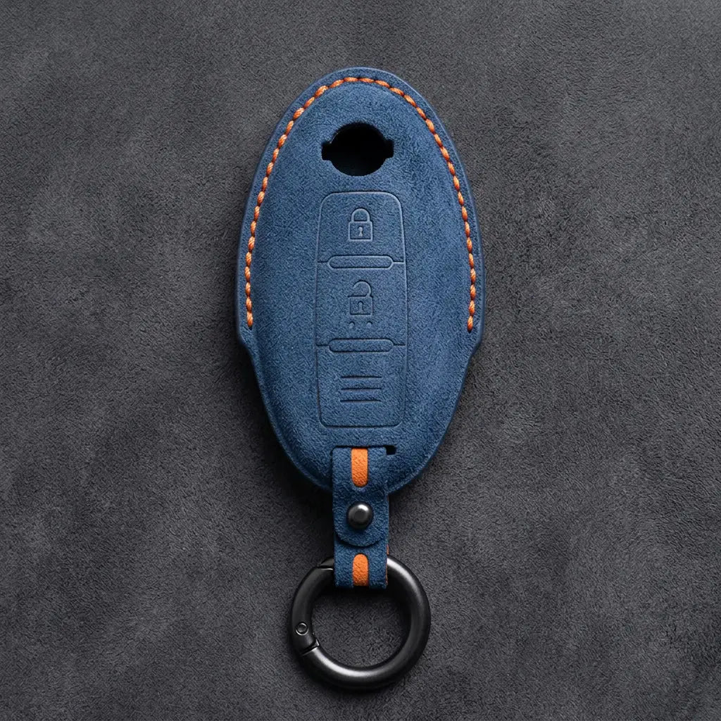 Nissan Hand-Stitched Alcantara Key Fob Cover – Oval 2-Button - Cobalt Blue