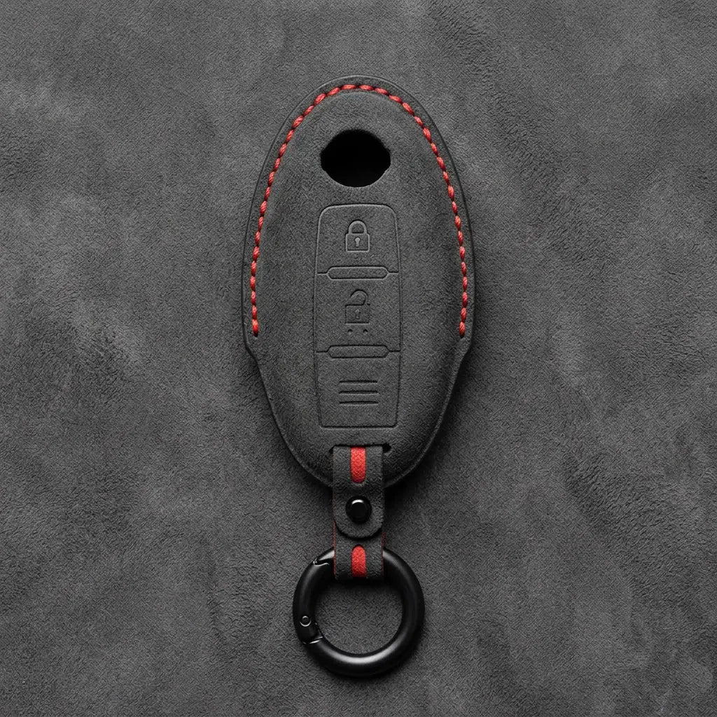 Nissan Hand-Stitched Alcantara Key Fob Cover – Oval 2-Button - Dark Charcoal